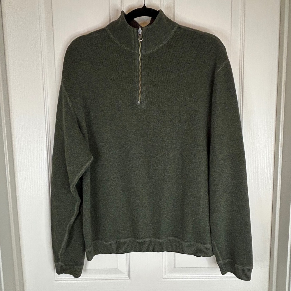 CREMIEUX Mens XL Green/Brown Reverseable 1/4 Zip Mock‎ Neck Sweater Pullover LS